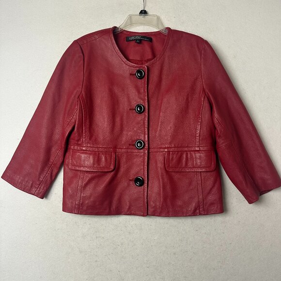 Kasper Jackets & Blazers - Kasper jacket sz L Red Leather big button up 3/4 sleeves collarless biker glam